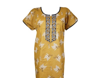 Womens Cotton Nightgown Maxi Dress, Kaftan, Yellow White Floral Caftan, Loose Sleepwear, Patio Dresses L