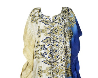 Women's Maxi Caftan Dress, Beige Blue Recycled  Silk Paisley Print Casual Dresses, Cover Up Beach Dress, Resort Wear Kaftan L-2X One size