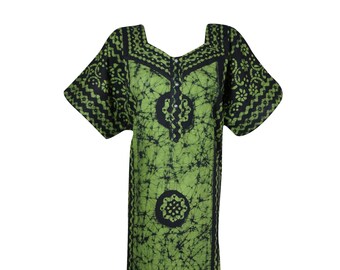 Green Batik Cotton Nightwear for Woman, Caftan Sleepwear Maxi Dress, Lounge Wear, Nightgown Maxi Kaftan Dresses XL