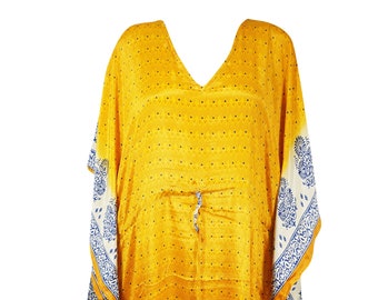Womens Kaftan Maxi Dress, Bright Yellow Printed Sari Caftan, GIFT FOR MOM, Lounger, Boho Holiday Fashion L-2Xl One size