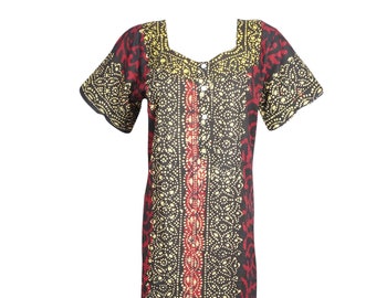Women's Cotton Nightwear Caftan Dress, Black Red Printed Summer Comfy Nightgown Sleepwear House Dress S/M