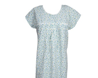 Womens Maxi Caftan Dress, Lounger Dress, Nighty Kaftan, Green White Floral Printed Housedress, Nightwear, Patio Dresses M