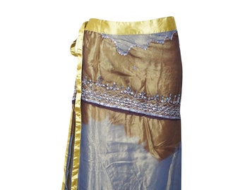 Womens Wrap Skirt, Embroidered Vintage Silk Georgette Skirt, Reversible 2 Layer Skirts, Blue Gold Long Wrap Skirts One Size