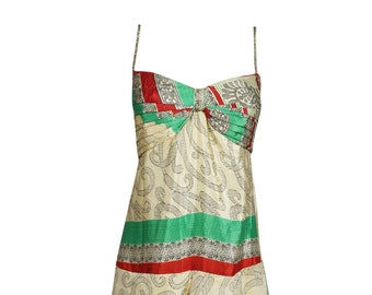 Womens Spaghetti Strap Beach Dress, Beige Green Floral Dress, Layered Boho Recycled Sari Printed Sundress SM