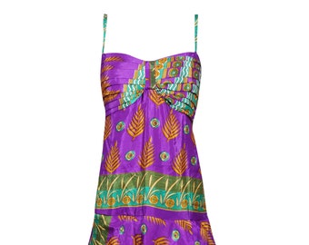 Womens Floral Dress, Purple Green Spaghetti Strap Recycle Sari Dress, Bohemian Summer Beach Dresses S/M