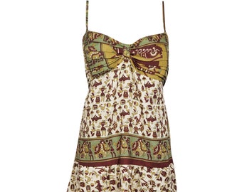 Womens Beach Dress, Spaghetti Strap Dress Bohemian Dresses, Handmade Beige Red Tribal Print Summer Boho Chic S/M