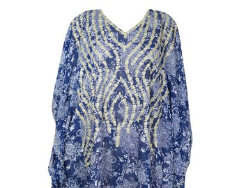 Women Kaftan Maxi Dress, BLue Loose Flowry Swimsuit Beach Bikini Cover Ups, Embroidered Casual Beach Boho Dresses, Onesize-L/4XL