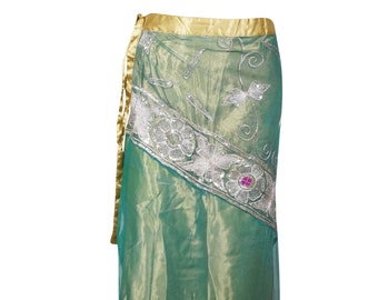 Womens Wrap Skirt, Long 2 Layer Skirts, Blue Gold Vintage Sari Skirt, Georgette Sequin Long Wrap Skirts One Size