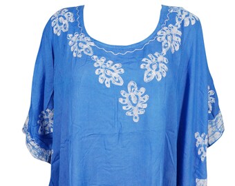 Womans Boho Kaftan, Beach Coverup, Blue Batik Embroidered Poncho, Boho Fashion Loose Comfy BEACH COVER Blouse One size