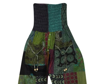 Womans Boho Pants, Harem Pants, Cotton Pants, Lounge Pants, Green Floral Patchwork Loose Pants, Comfy Hippy Gypsy Clothing S/M