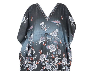 Womens Maxi Kaftan Dress, Cruise Kaftan, Kimono Sleeves, Black Gray Floral Printed Caftan, Loose Comfy Resort Wear, Gift For Her, 2XL