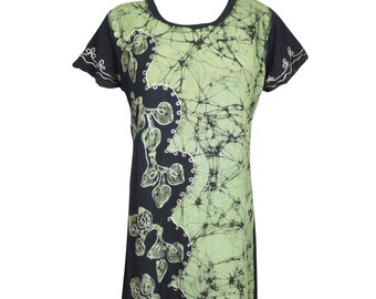 Women's Maxi dress, bohemian long Embroidered Rayon dress, Green Black Short sleeves Summer Gypsy chic Long Dresses L