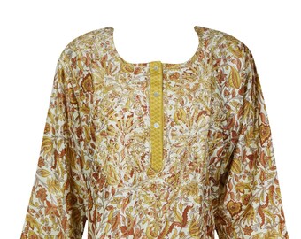 Womens Silk Tunic, Indian Tunic Kurti, Olive Golden Floral Printed Tunic Top, Boho Chic Shirt, Hand Embroidered Blouse, Summer Kurta