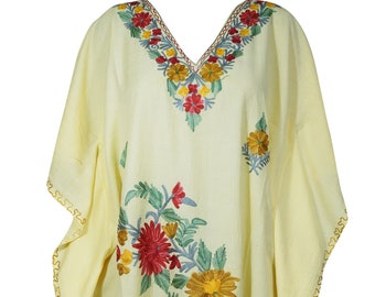 Women Floral Caftan Dress, Buttermilk Color Embroidered Resort Wear Mid Length Cover Up, Kaftan Dresses L-3XL