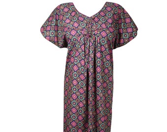 Womens Maxi Dress, Pink Blue Kaftan Nightgown, Floral Print Sleepwear M-XL One size