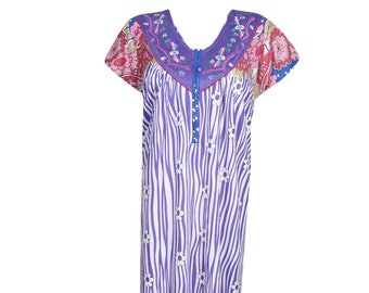 Women's Maxi Caftan Dress, Purple White Floral Printed Loose Dress, Embroidered Neck Lounger Dresses M