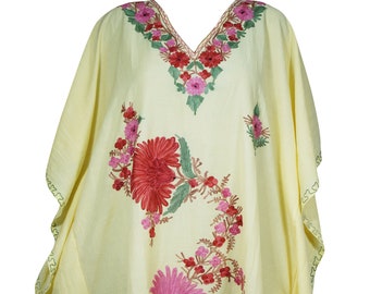 Womens Lemon Soufflé Embellished Floral Short Caftan Lounger Cover Up Tunic DRESS One Size L-2XL