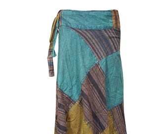 Womens Wrap Around Patchwork Skirt, in Blue and Green Hues with Assorted Patches Maxi Skirts One Size