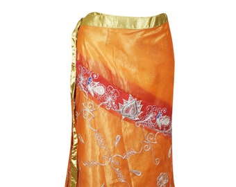 Womens Wrap Skirt, Orange Gold Sequin Sari Silk Two Layer Reversible Boho Skirts, Magic Sari Wrap Around Long Skirts One size