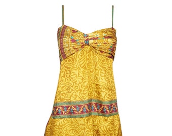 Womens Boho Beach Dress, Strap Dress, Printed Recycle Silk Ruffled Yellow Spaghetti Strap Dress, SM