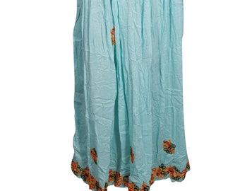 Women's Long Skirt, Sky Blue Broomstick Skirt, Crinkled Embroidered A-Line Bohemian Maxi Skirts S/M