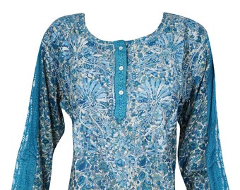 Womens Tunic Top, Blue Floral Printed Silk Tunic, Hand Embroidered Top, Blouse Indian Kurta