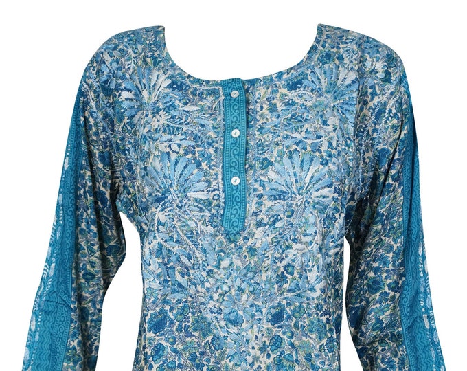 Womens Tunic Top Blue Floral Printed Silk Tunic Hand - Etsy