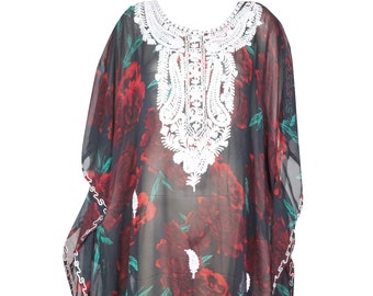 Womens Maxi Caftan Dress, Summer Holiday Kaftan Boho Style Comfy  Rose Floral Print Kimono Sleeves Beach Cover Up Plus Size L-4X