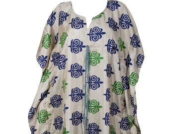 Womens Beach Kimono Dress, Maxidress, Recycle Silk Beige Printed Caftan, Bikini Cover up, Lounger, HI DRAWSTRING, L-2XL One size