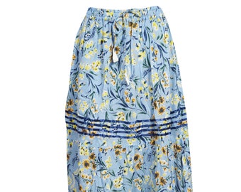 Womens Maxi Skirt, Blue Yellow Floral Printed Lace Work Long Skirt, Bohemian Beach Style Summer Gypsy Skirts S/M