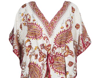 Womens Short Beach Cover Up Caftan, Dresses Kimono Sleeves Red White Resort Wear Swimsuit Tunic Blouse Dress One Size