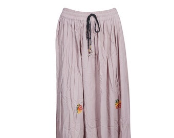 Womens Maxi Skirts, Pink Stonewashed Embroidered Bohemian Skirt, A-line Peasant Skirts S/M