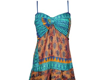 Summer Strap Dresses, Recycled Silk, Womens Spaghetti Strap Travel Dress, Brown Dress Printed Vacation Dress S/M