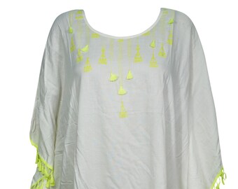 Womens Kaftan Short Dress, White Green Tassel Caftan, Maternity Dresses, Beach dress, Resort Wear One size L-3XL