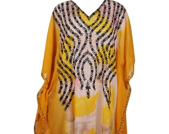 Womens Caftan Maxi Dress, Lounger Caftan Dress, Orange Beige Printed Kimono Caftan Dress, Georgette Embroidered Resort Wear ONESIZE L/4XL