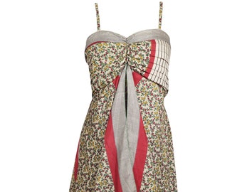 Womens Midi Dress ,Beige Floral Printed Spaghetti Strap Vintage Recycle Silk Dress Bohemian Summer Dresses  S/M