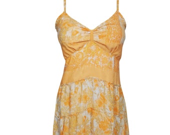 Womens Midi Dress, Peach Beige Floral Printed Spaghetti Strap Dress, Bohemian Summer Fashion S/M
