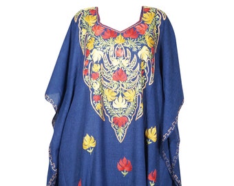 Womens Maxi Caftan Dress Bohemian Summer Loose Moms Dresses, Blue Floral Embroidered Long Dress One Size L-3XL