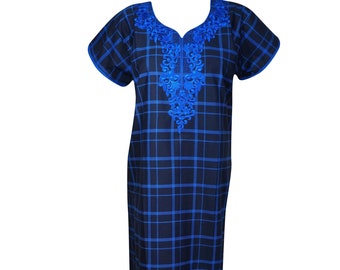 Womens Maxi Dress, Black Plaid Cotton Night Gown, Sleepwear Nightwear Embroidered Caftan Loose Kaftan Housedress L