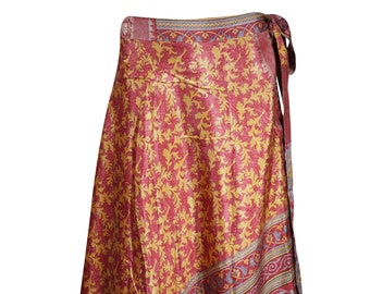 Womens Wrap Skirt, Recycled Sari Skirt, Indian Sari Silk Maxi Wrap Skirt, REd Orange Printed Wrap Skirts For Womens One Size