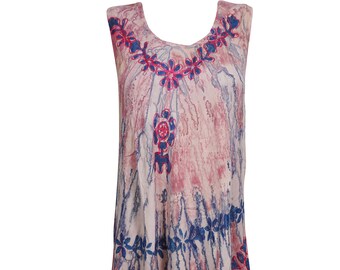 Womens Tie Dye Sleeveless Tank Dress, Rayon Pink Blue Beach Bikini Cover Up Resort Wear Comfy Dresses XL