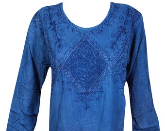 Womens Tunic Dress, Blue Shirt Dress, Floral Embroidered Summer Boho chic gypsy chic Kurti M