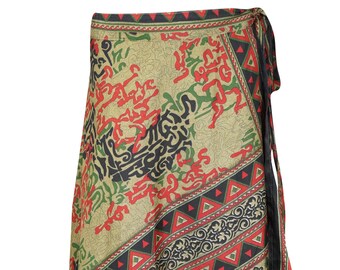 Womens Wrap Skirt, Indian Vintage Sari Skirt, Beach Wear Reversible 2 Layer Skirts, Black Green Floral Printed Wrap Skirts One Size