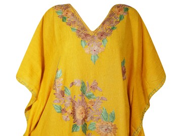 Womens Short Caftan Dress Spring Fashion Embellished Fire Yellow Floral Lounger Cover Up Bohemian Loose Tunic Dresses One Size L-3XL