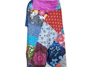 Womens Wrap Skirt, Bohemian Patchwork Blue Black Print Cotton Long Maxi Wrap Around Skirt One size