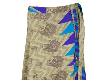 Womens Wrap Skirt 2 Layer Skirts, Beige Blue Paisley Print Indian Vintage Sari Skirt, Reversible Wrap Around Skirts One Size