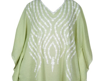 Womens Kaftan Dress, Mint Green Hand Embroidered Casual House dresses , Mid Calf, Loose Flowy Summer Dresses, Resort Wear L-2X