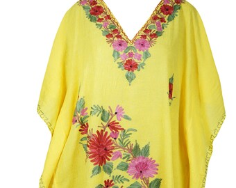 Womens Kaftan Dress, Loose Beach Cover Up Dress, Yellow Floral Embroidered Dresses, Resort Wear Caftan, Summer Cotton Kaftan one size M-2XL