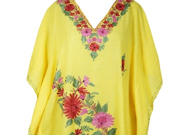 Womens Kaftan Dress, Loose Beach Cover Up Dress, Yellow Floral Embroidered Dresses, Resort Wear Caftan, Summer Cotton Kaftan one size M-2XL