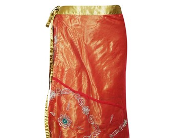 Womens Maxi Wrap Skirt, Red Gold Reversible Embroidered Georgette Silk Comfy Lightweight Wrap Around Skirts One size